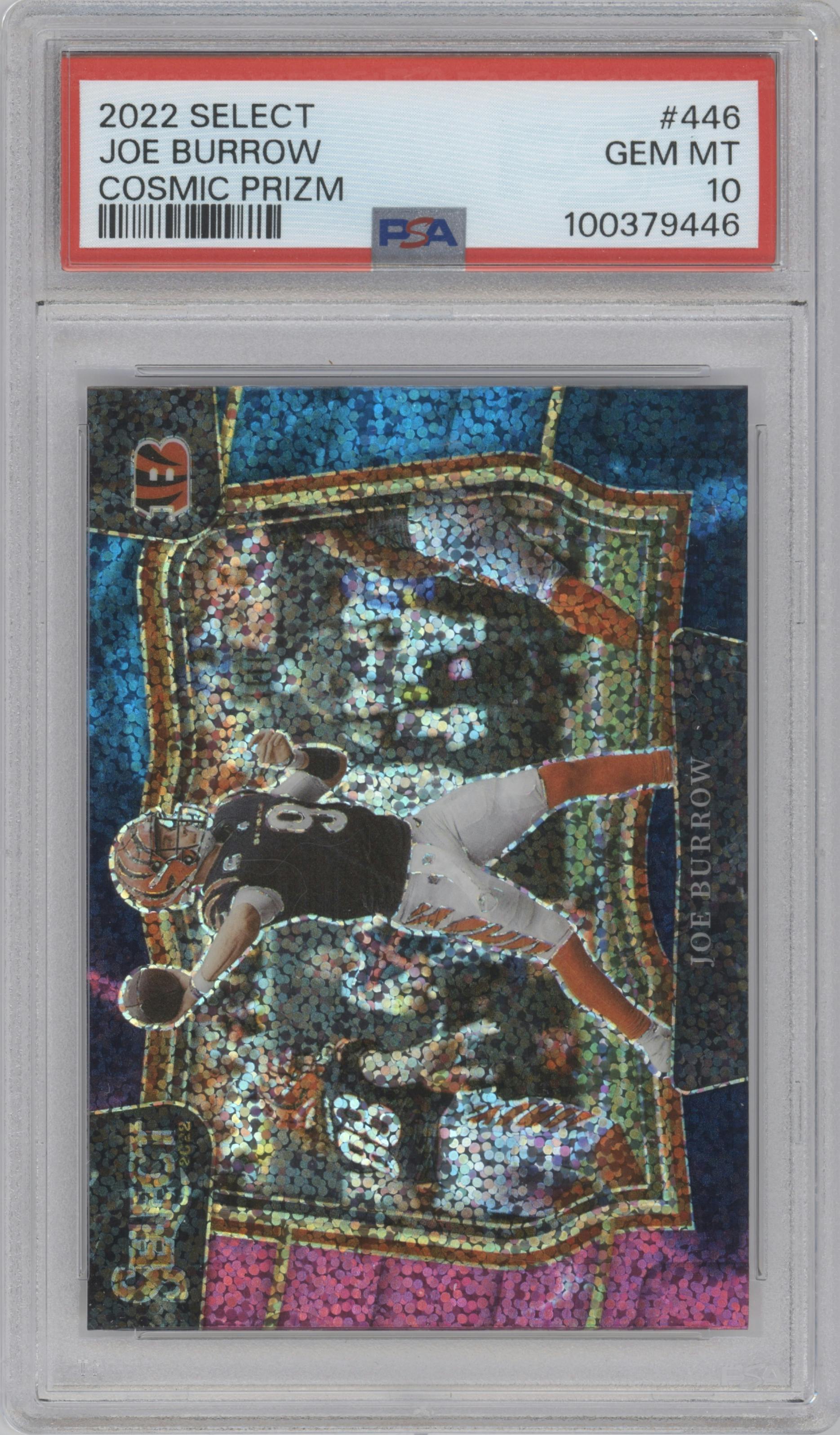 Joe Burrow from the 2022 Panini Select set featuring a Cosmic parallel graded by PSA and given an overall grade of 10.