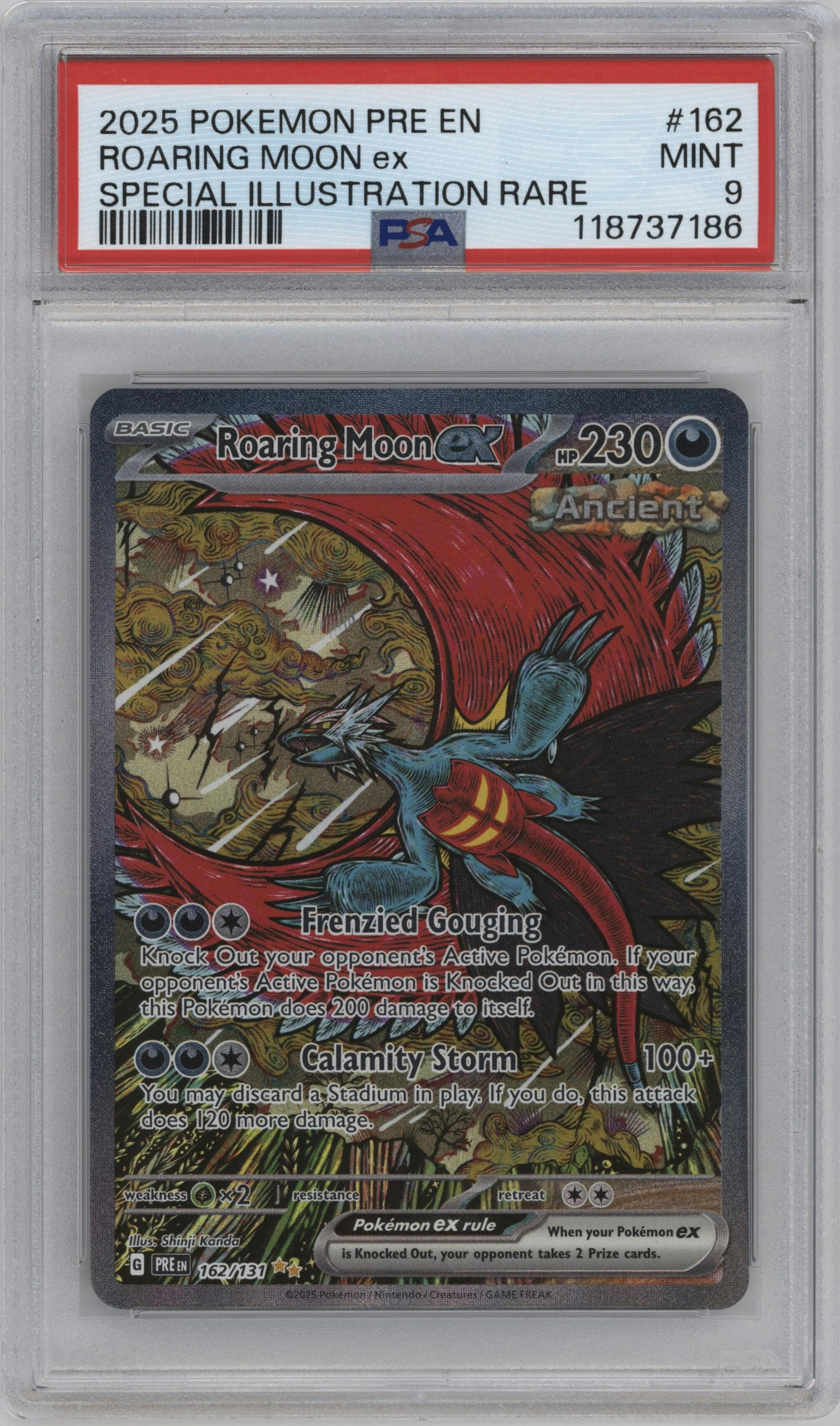 Roaring Moon ex from the 2025 Pokemon SV set graded by PSA and given an overall grade of 9.