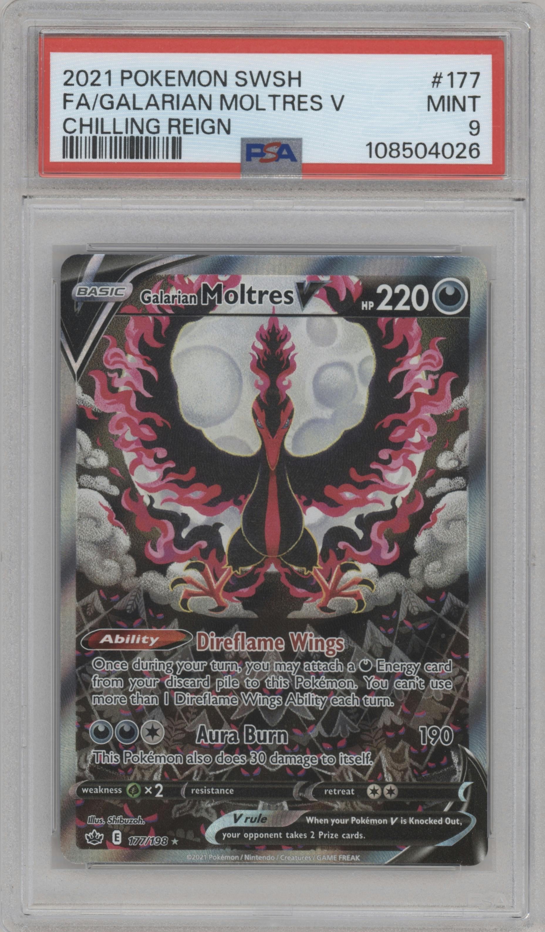 Galarian Moltres V from the 2021 Pokemon SWSH set graded by PSA and given an overall grade of 9.