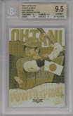 Shohei Ohtani from the 2020 Topps Fire set featuring a Gold Minted parallel graded by Beckett and given an overall grade of 9.5.