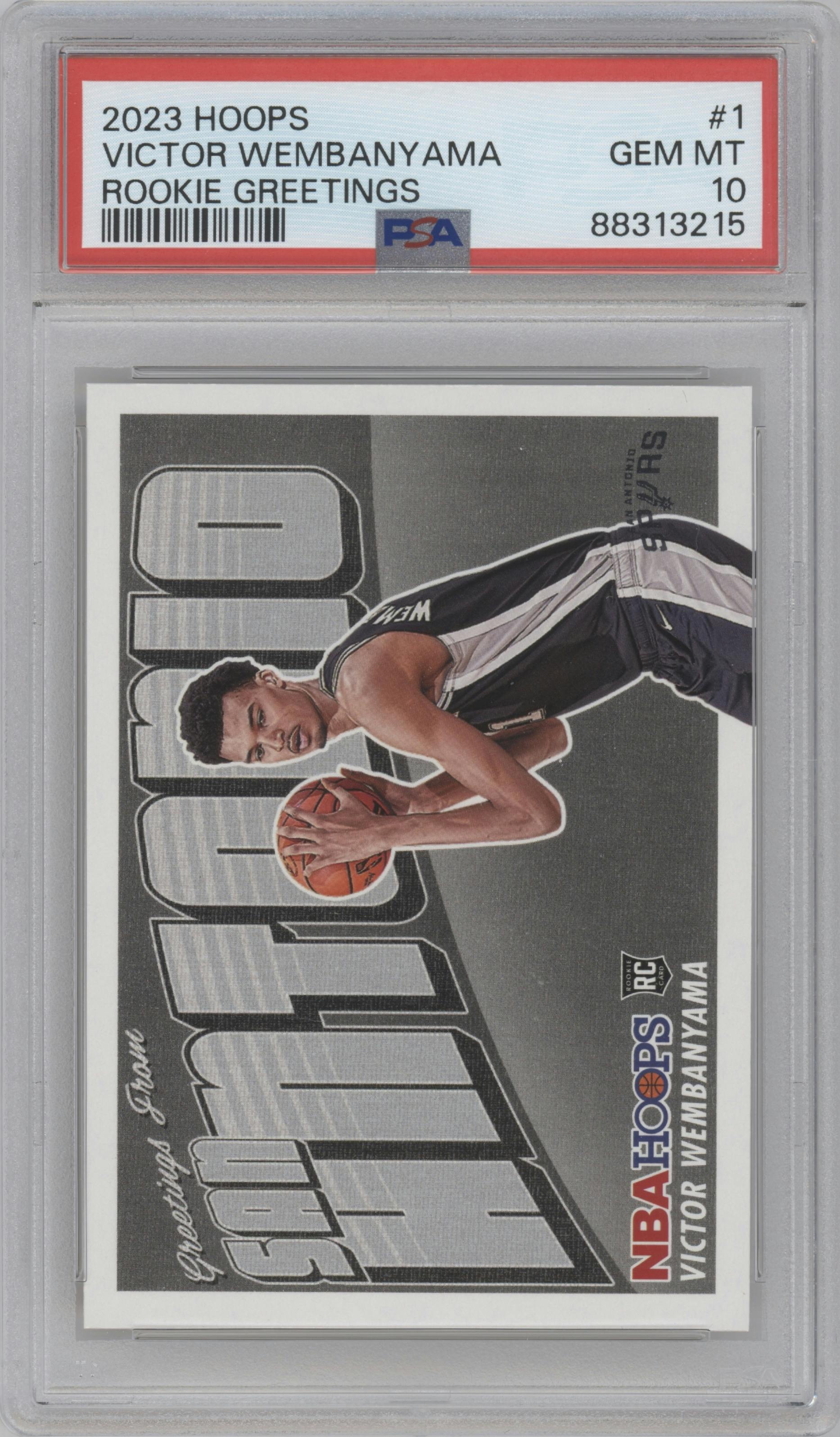 Victor Wembanyama from the 2023-24 Panini NBA Hoops set graded by PSA and given an overall grade of 10.