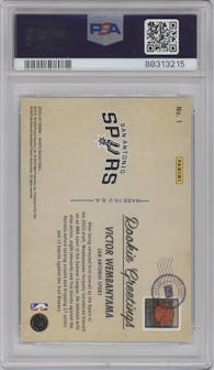 Victor Wembanyama from the 2023-24 Panini NBA Hoops set graded by PSA and given an overall grade of 10.