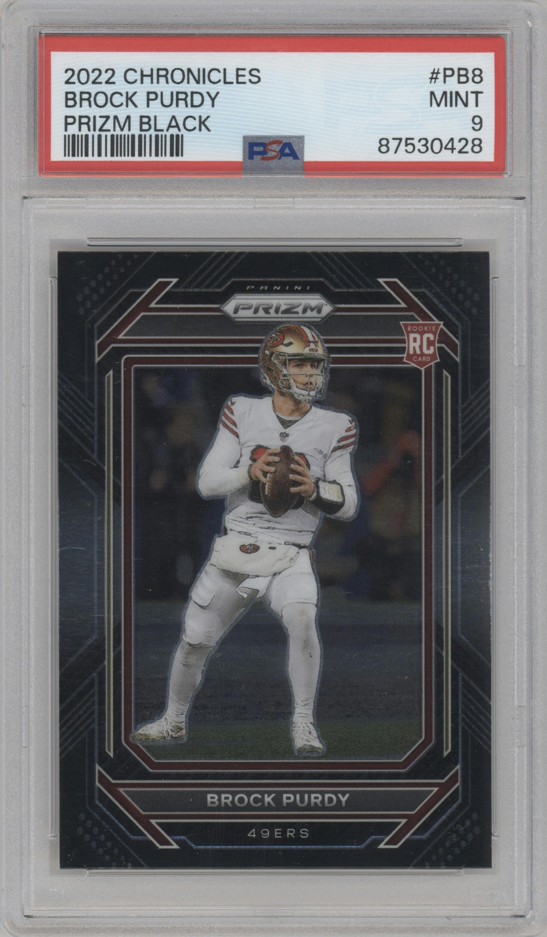 Brock Purdy from the 2022 Panini Chronicles set graded by PSA and given an overall grade of 9.
