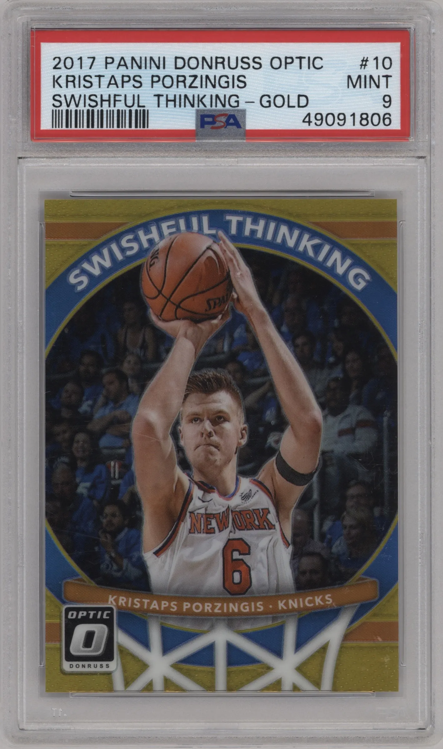 2017 Panini Donruss Optic Swishful Thinking Kristaps Porzingis Gold PSA 9