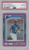 Brian Thomas Jr. from the 2024 Donruss set featuring a Pink parallel graded by PSA and given an overall grade of 10.