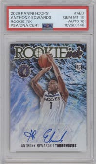 Anthony Edwards from the 2020-21 Panini NBA Hoops set graded by PSA and given an overall grade of 10.
