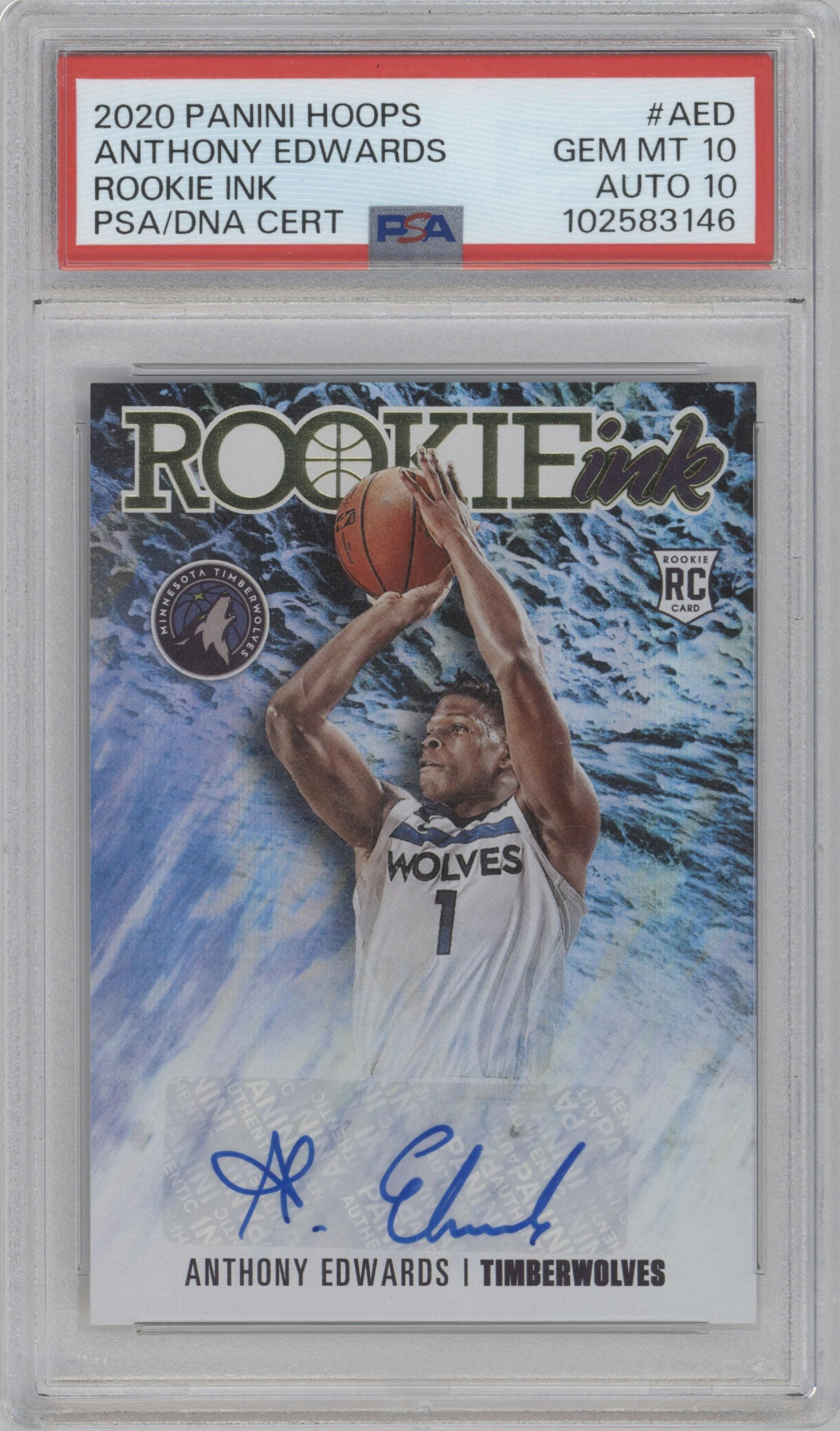 Anthony Edwards from the 2020-21 Panini NBA Hoops set graded by PSA and given an overall grade of 10.