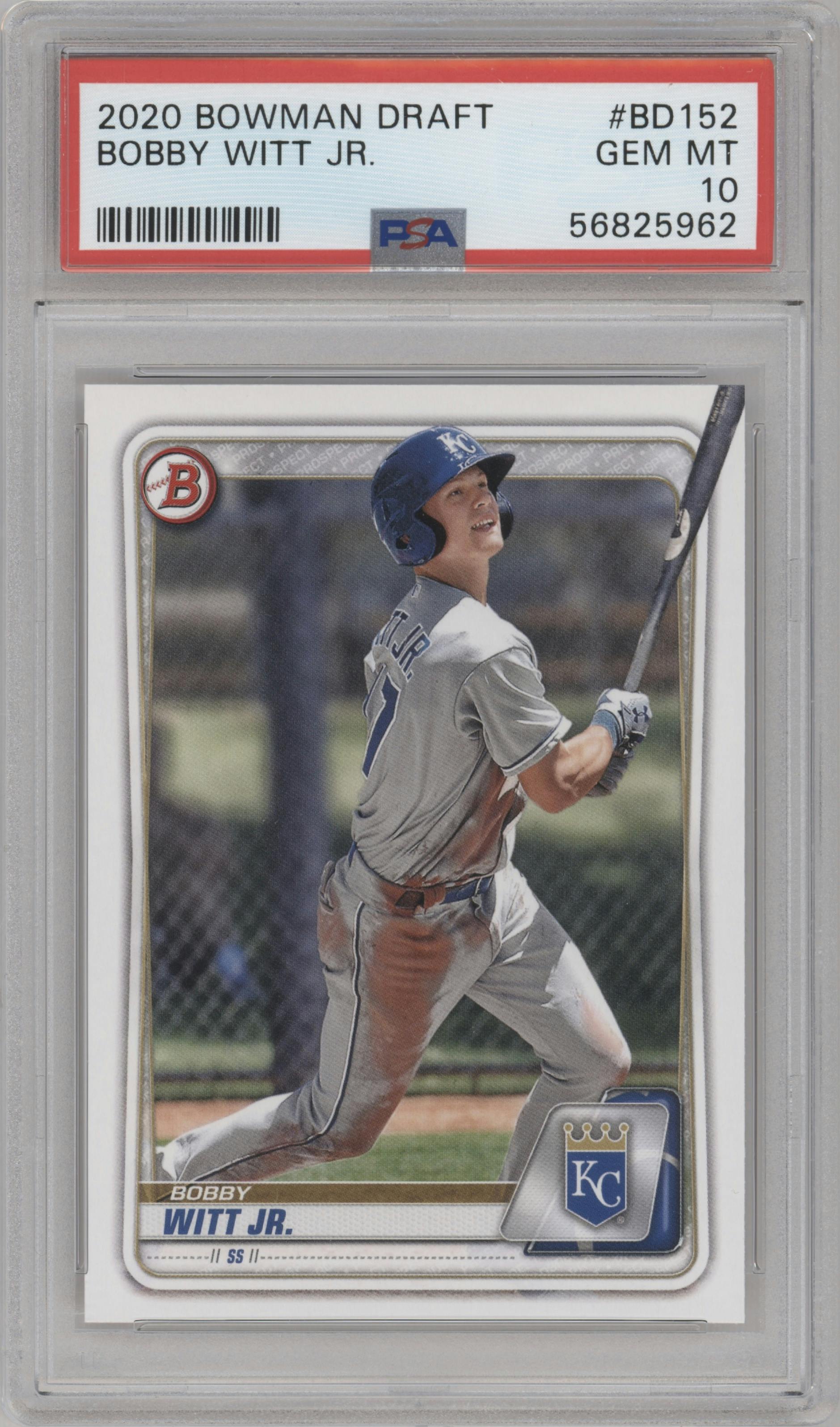 Bobby Witt Jr. from the 2020 Bowman Draft set graded by PSA and given an overall grade of 10.