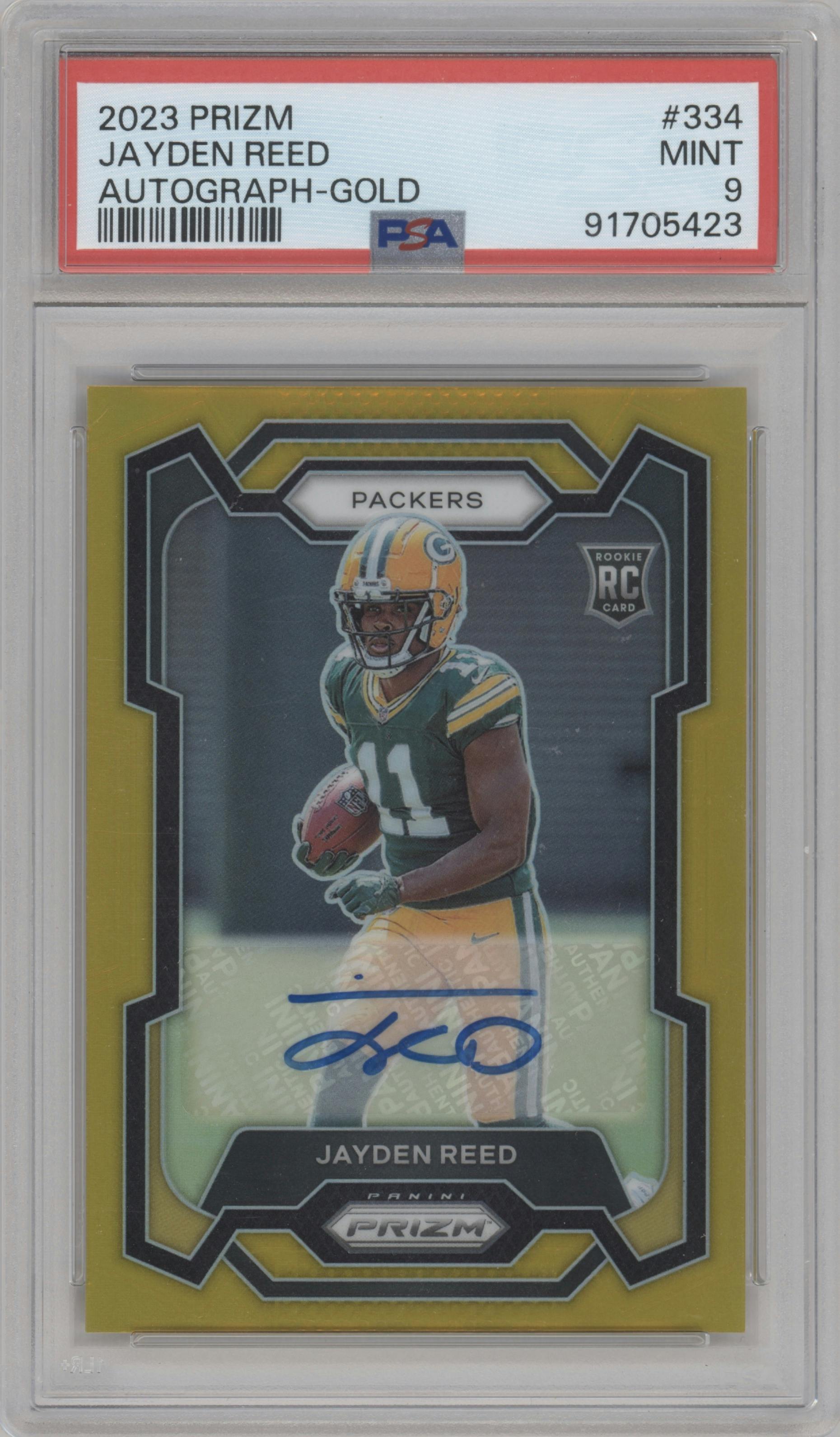 Jayden Reed from the 2023 Panini Prizm set featuring a Gold Prizm parallel graded by PSA and given an overall grade of 9.