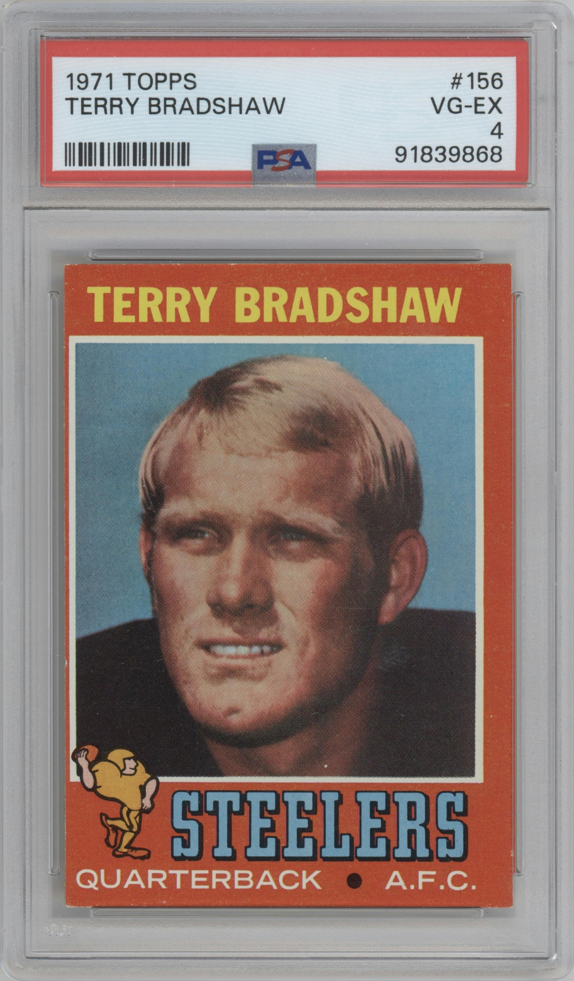 Terry Bradshaw from the 1971 Topps set graded by PSA and given an overall grade of 4.
