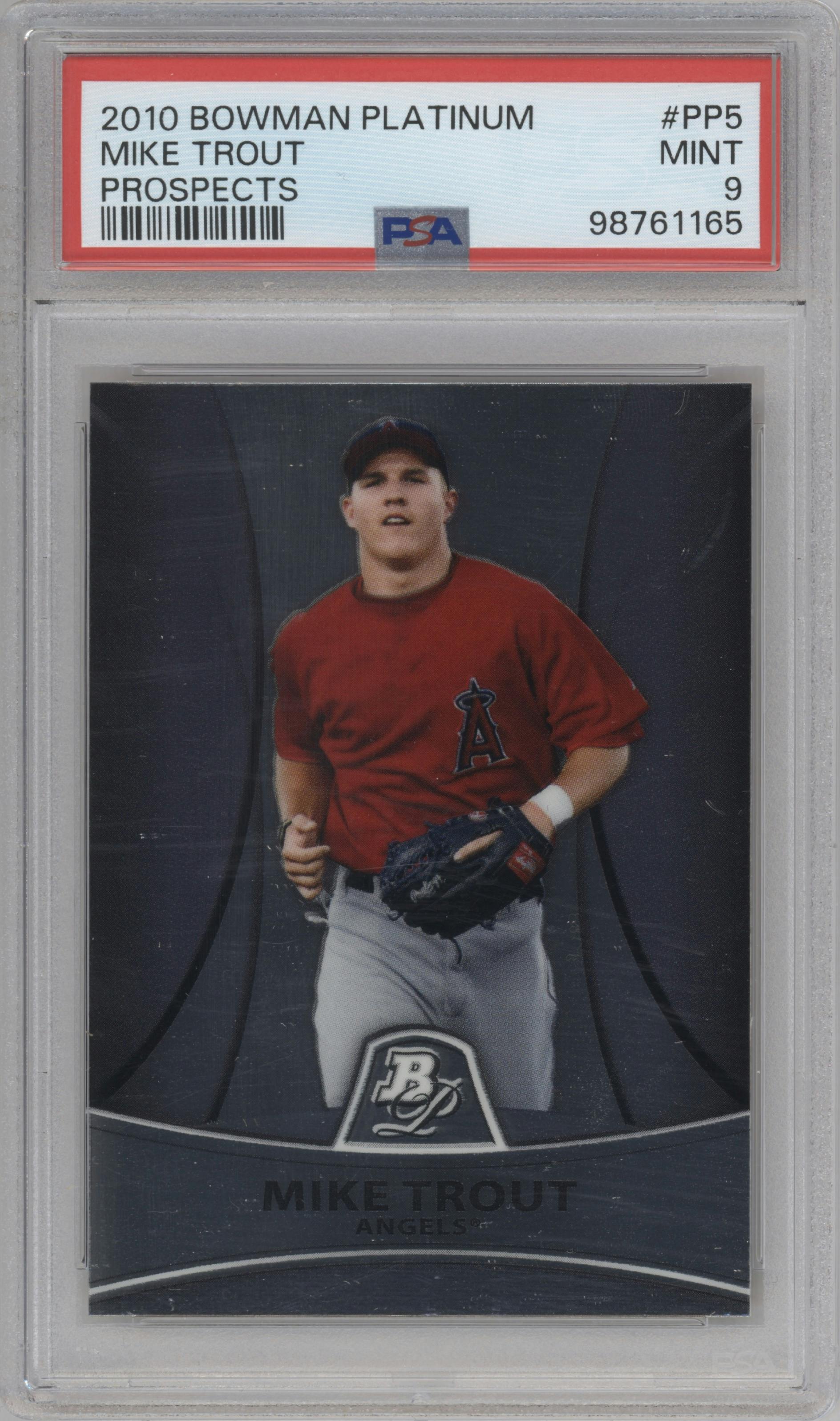 Mike Trout from the 2010 Bowman Platinum set graded by PSA and given an overall grade of 9.
