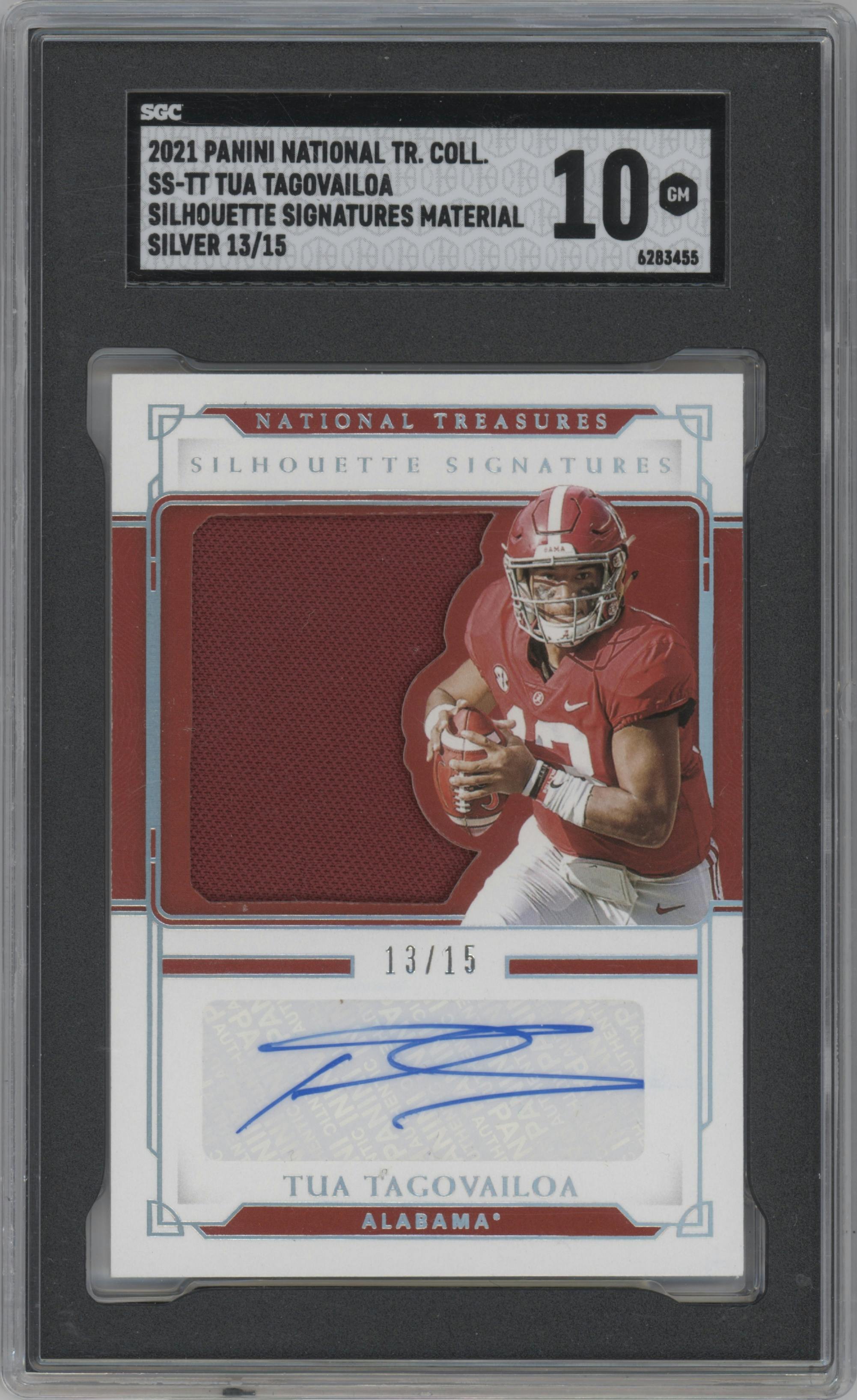 Tua Tagovailoa from the 2021 Panini National Treasures Collegiate set featuring a Silver parallel graded by SGC and given an overall grade of 10.