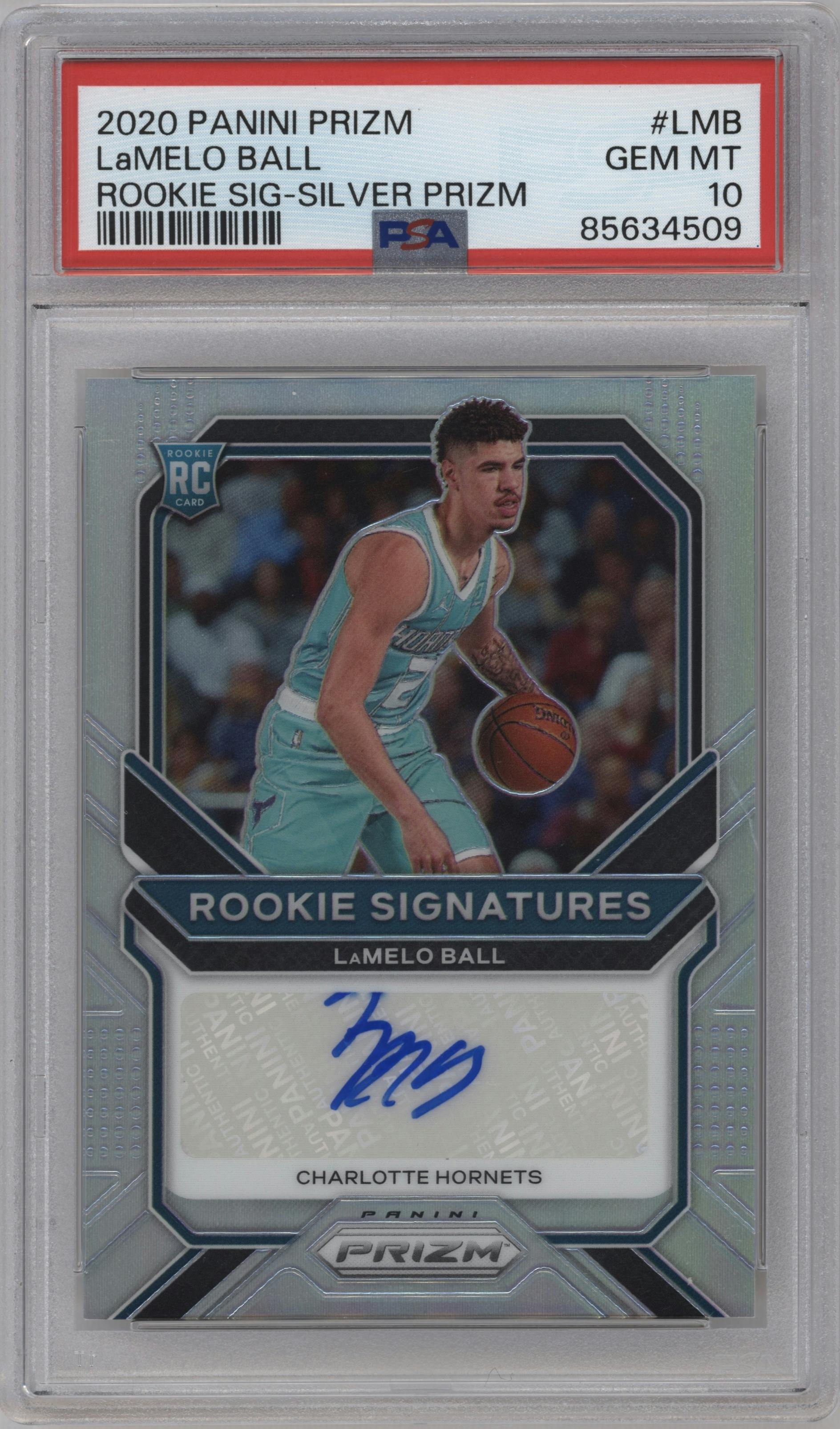LaMelo Ball from the 2020-21 Panini Prizm set featuring a Silver Prizm parallel graded by PSA and given an overall grade of 10.