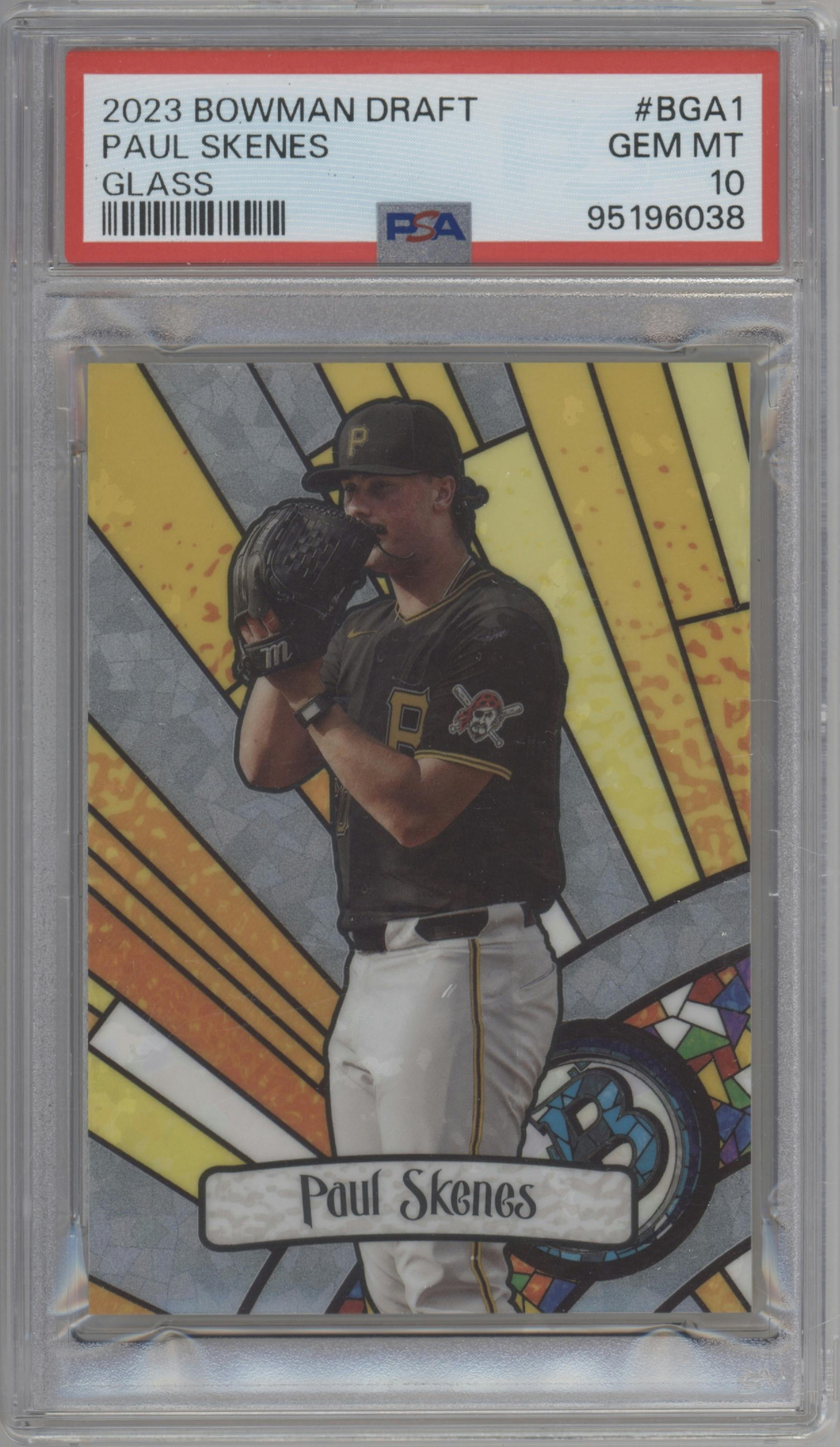 Paul Skenes from the 2023 Bowman Draft set graded by PSA and given an overall grade of 10.