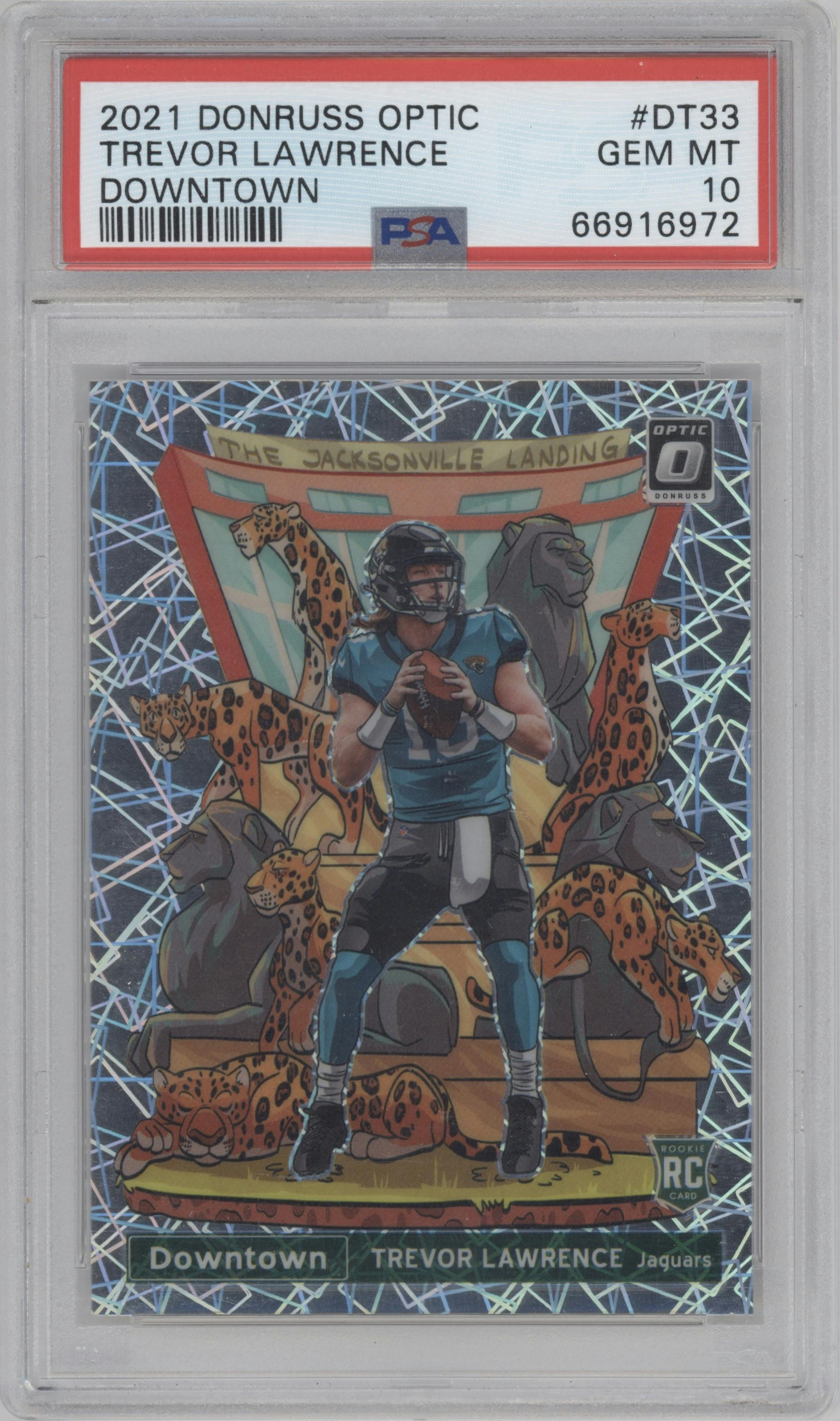 Trevor Lawrence from the 2021 Panini Donruss Optic set graded by PSA and given an overall grade of 10.