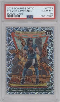 Trevor Lawrence from the 2021 Panini Donruss Optic set graded by PSA and given an overall grade of 10.
