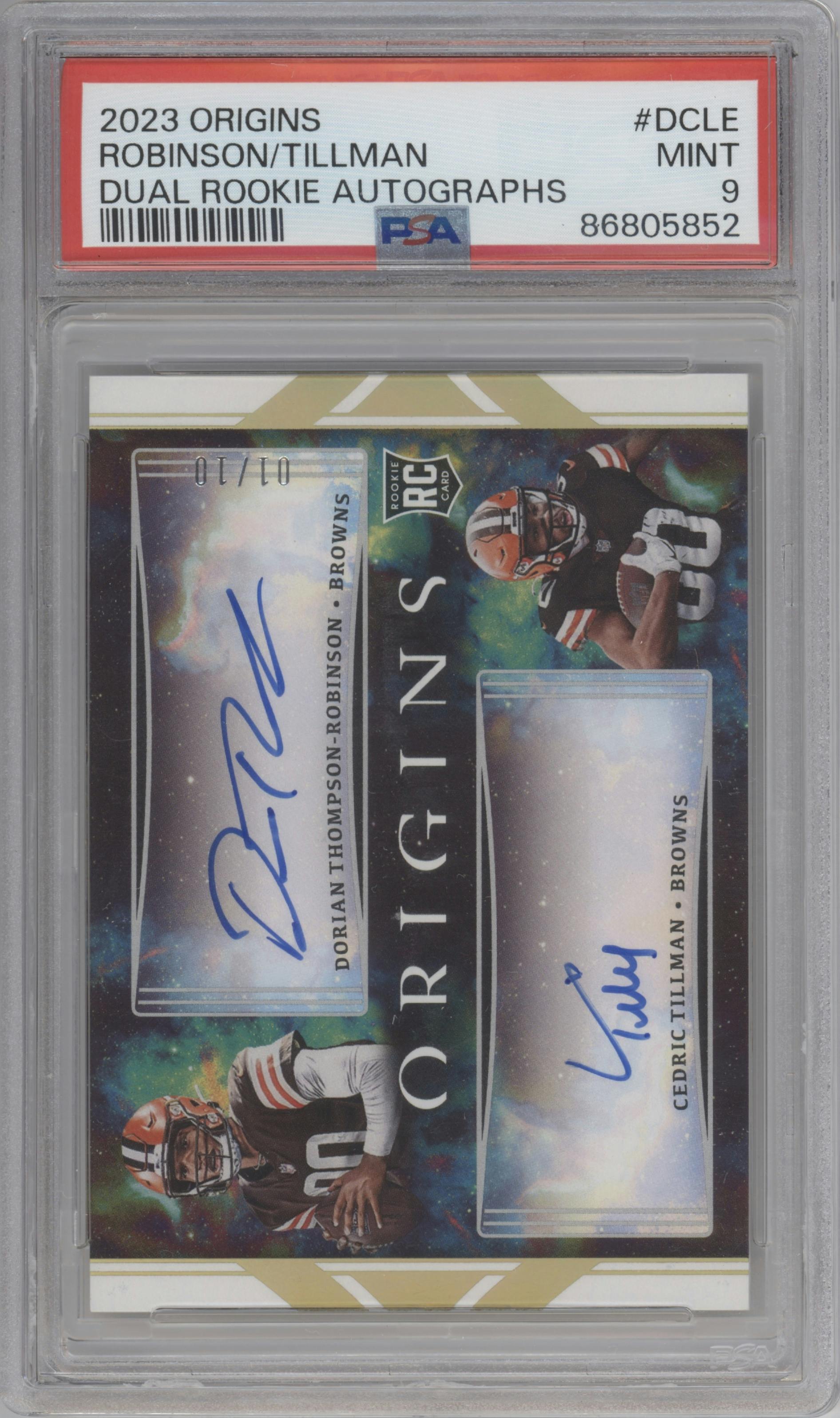 Cedric Tillman/Dorian Thompson-Robinson from the 2023 Panini Origins set graded by PSA and given an overall grade of 9.