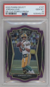 Jordan Love from the 2020 Panini Select set featuring a Die-Cut Purple parallel graded by PSA and given an overall grade of 10.