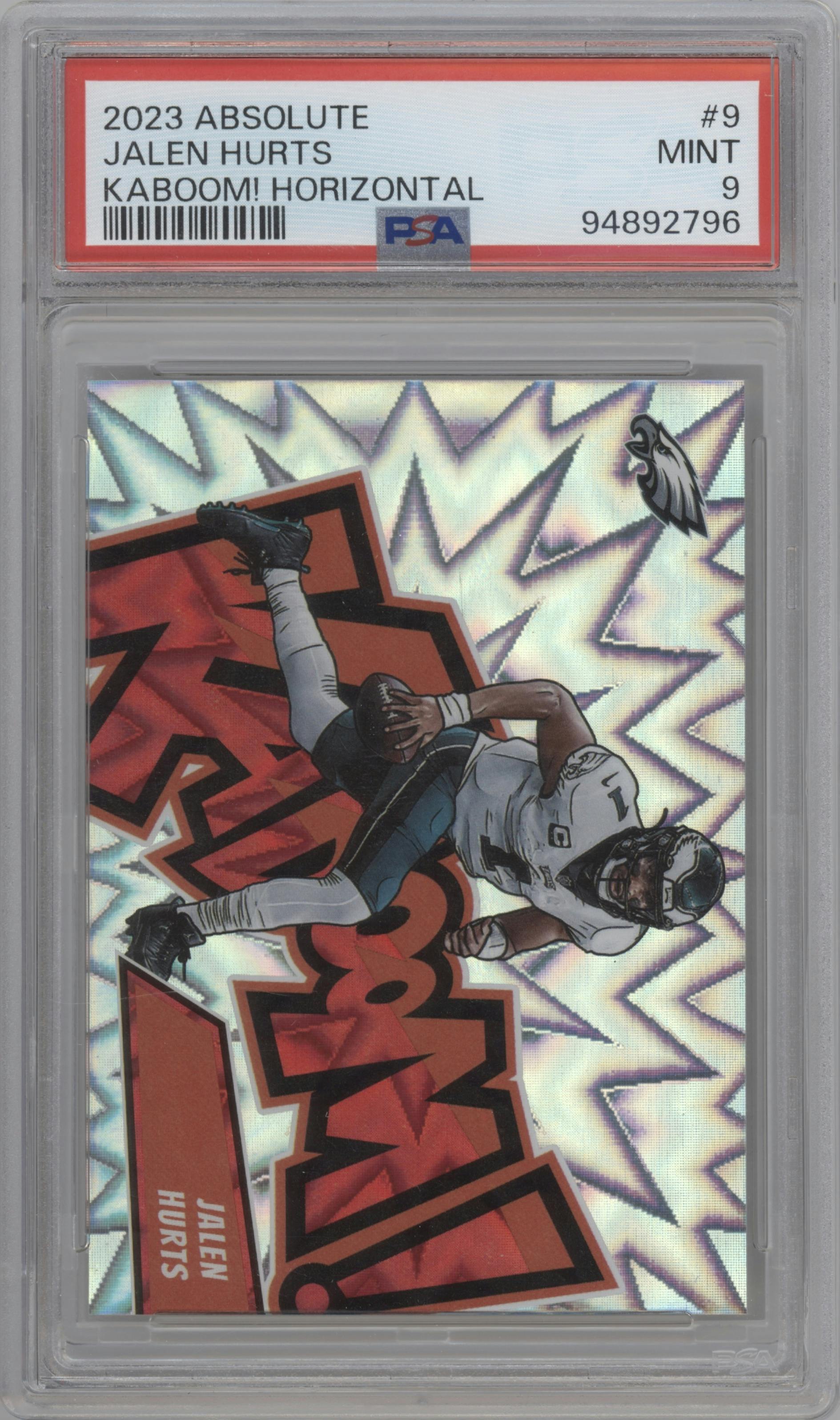 Jalen Hurts from the 2023 Panini Absolute set graded by PSA and given an overall grade of 9.