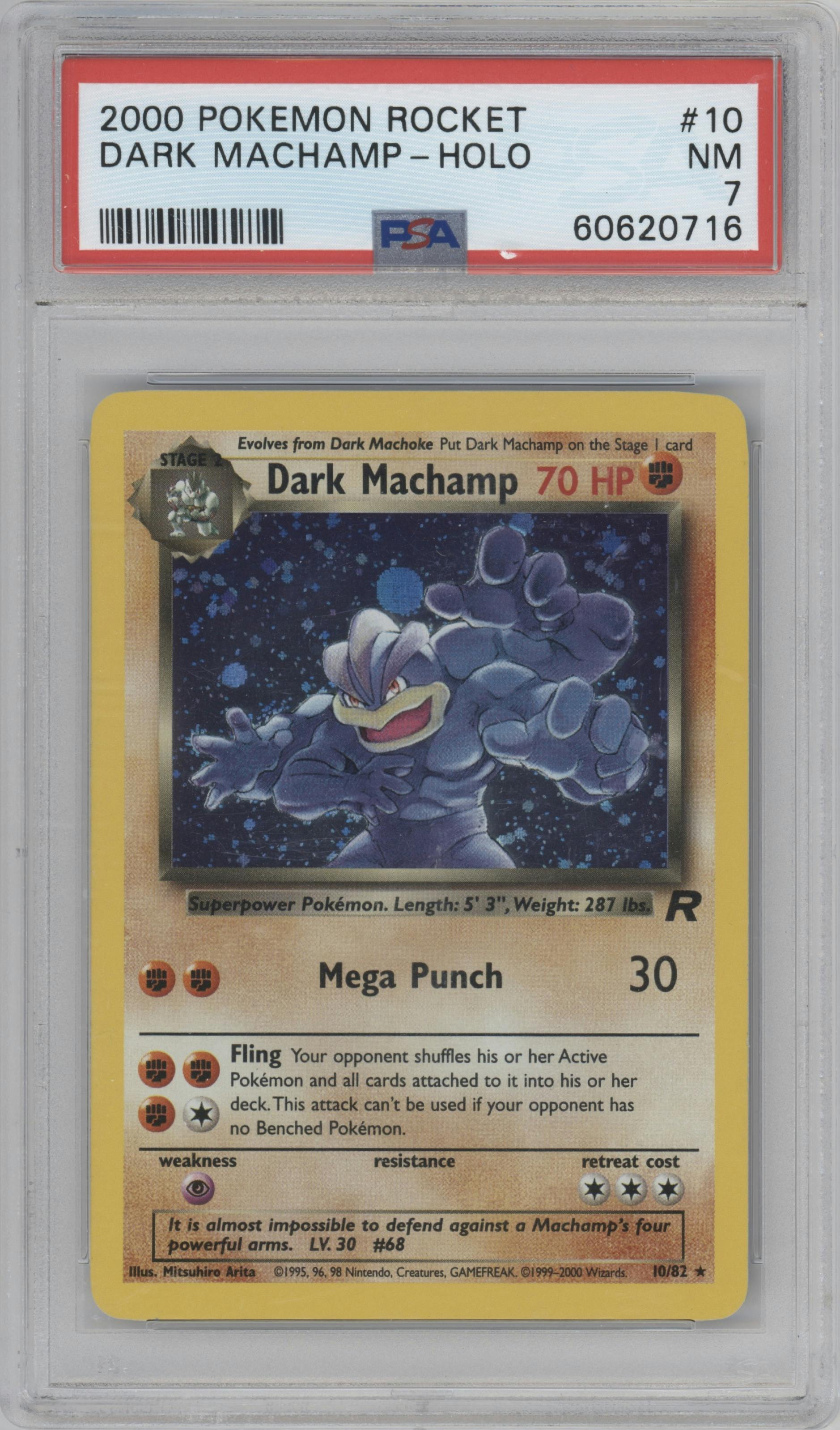 Dark Machamp from the 2000 Pokemon set graded by PSA and given an overall grade of 7.