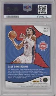 Cade Cunningham from the 2021-22 Panini Revolution  set featuring a Fractal parallel graded by PSA and given an overall grade of 10.