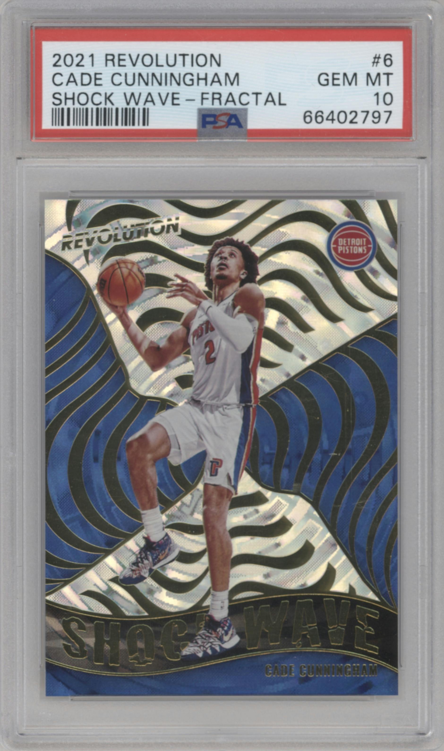 Cade Cunningham from the 2021-22 Panini Revolution  set featuring a Fractal parallel graded by PSA and given an overall grade of 10.