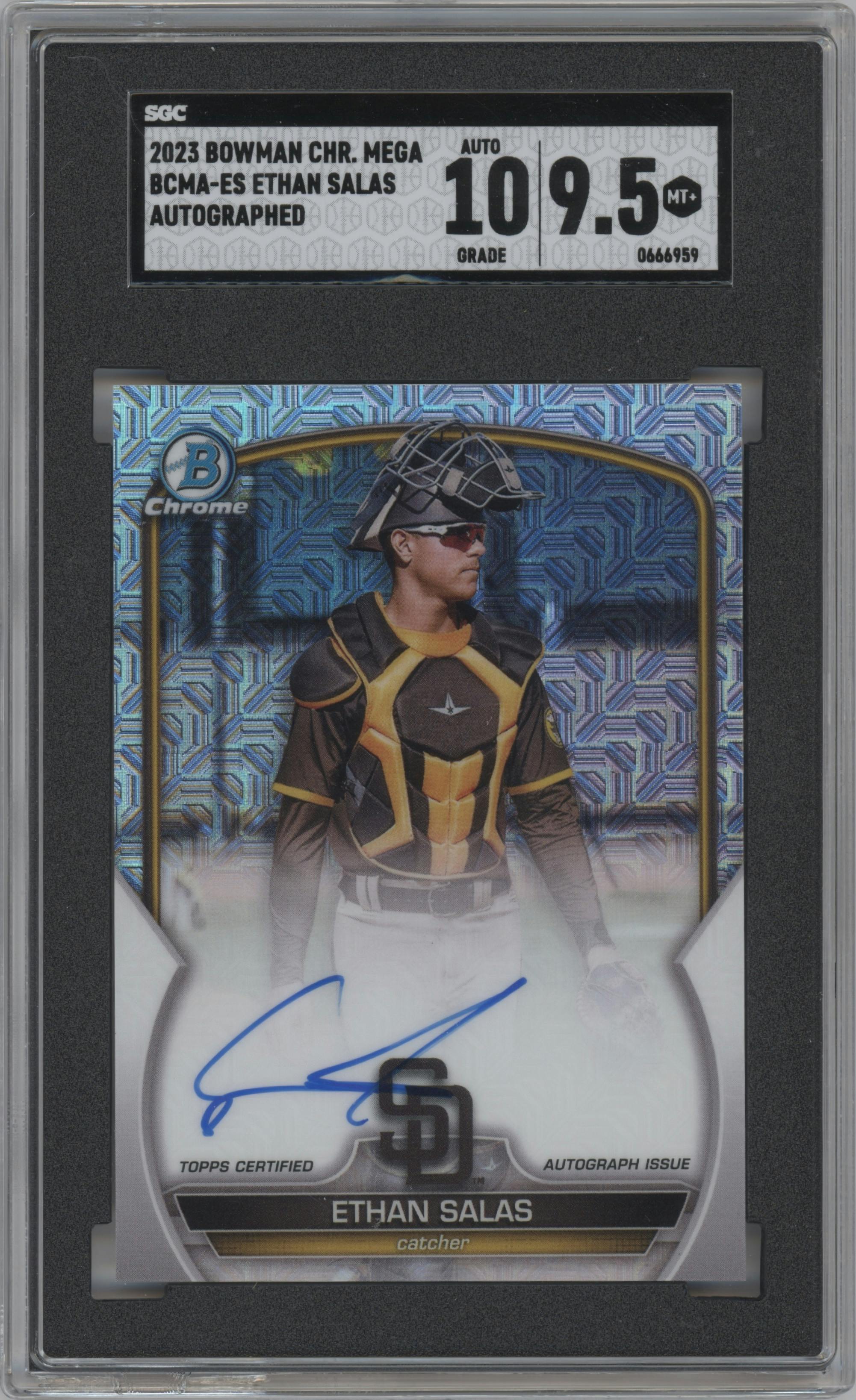 Ethan Salas from the 2023 Bowman Chrome Mega Box set graded by SGC and given an overall grade of 9.5.