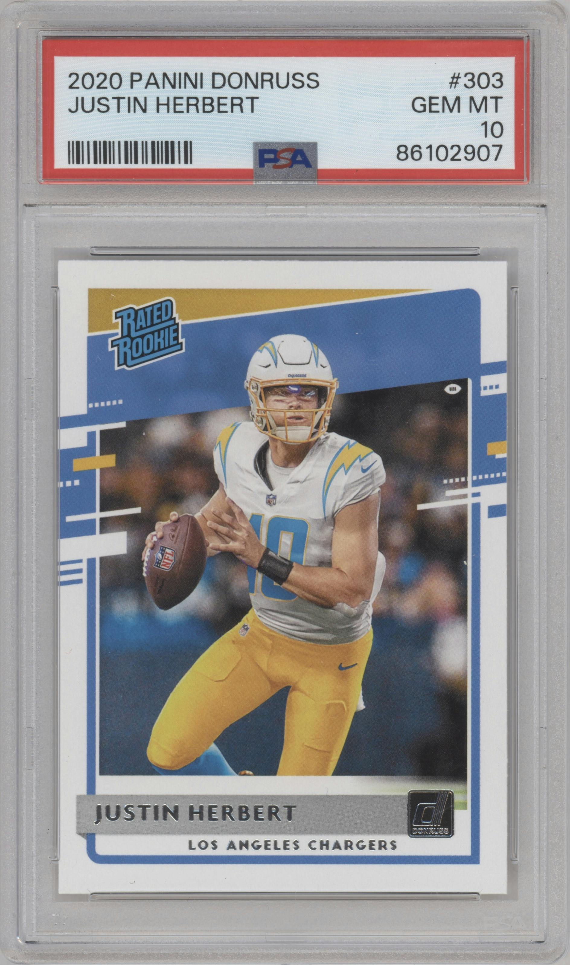 Justin Herbert from the 2020 Panini Donruss set graded by PSA and given an overall grade of 10.