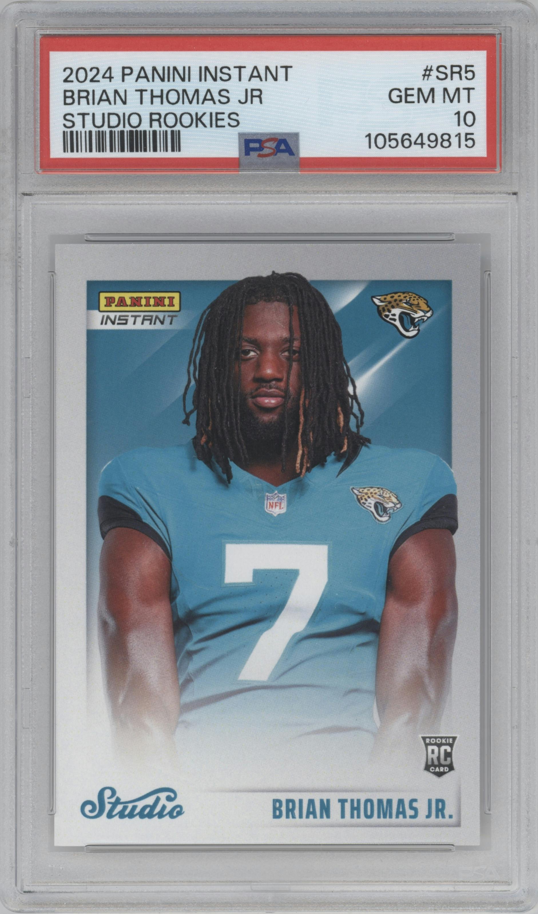 Brian Thomas Jr. from the 2024 Panini Instant NFL Studio Rookies set graded by PSA and given an overall grade of 10.