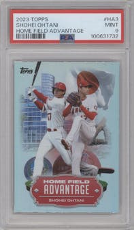Shohei Ohtani from the 2023 Topps Series 1 set graded by PSA and given an overall grade of 9.