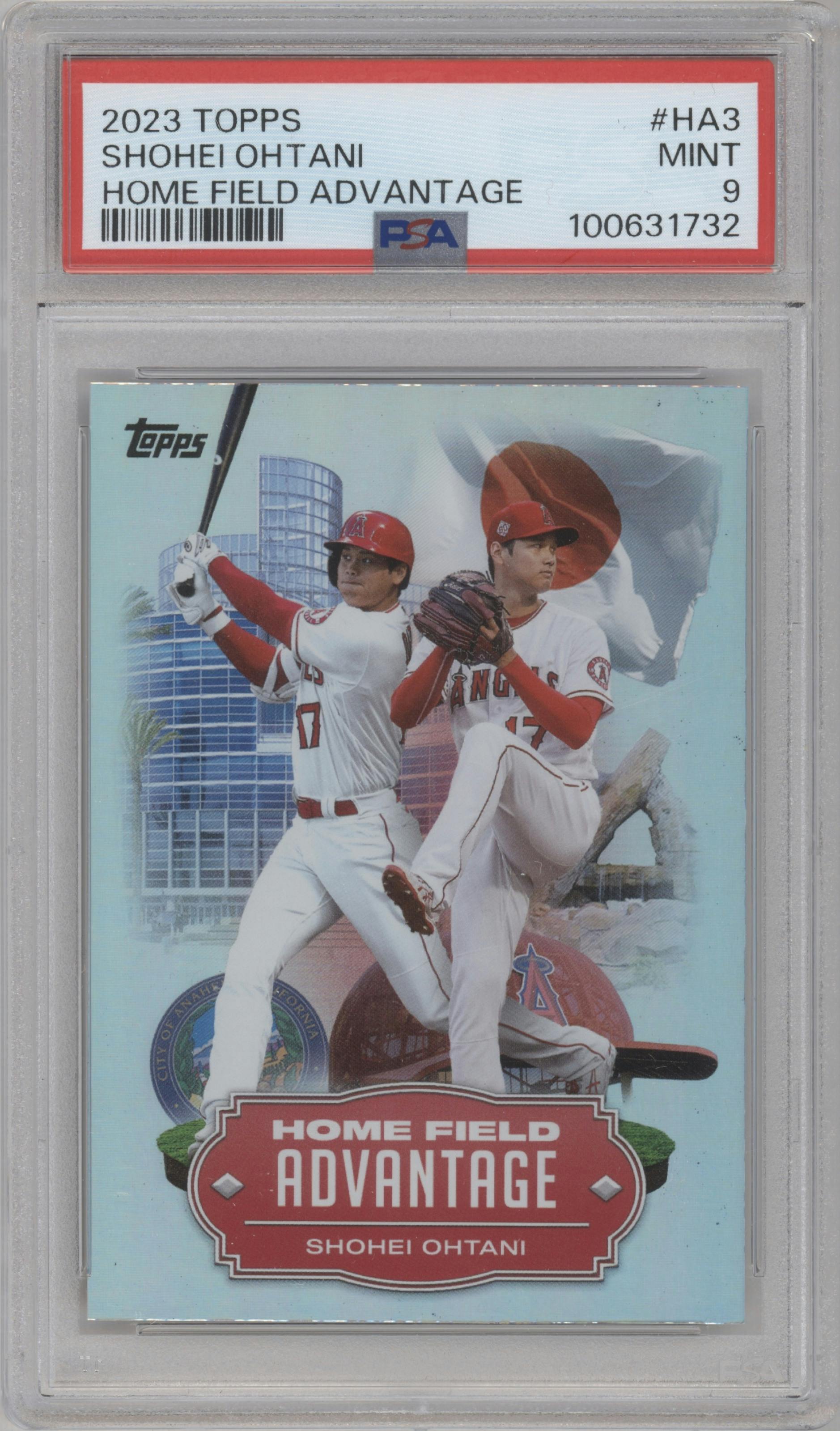 Shohei Ohtani from the 2023 Topps Series 1 set graded by PSA and given an overall grade of 9.
