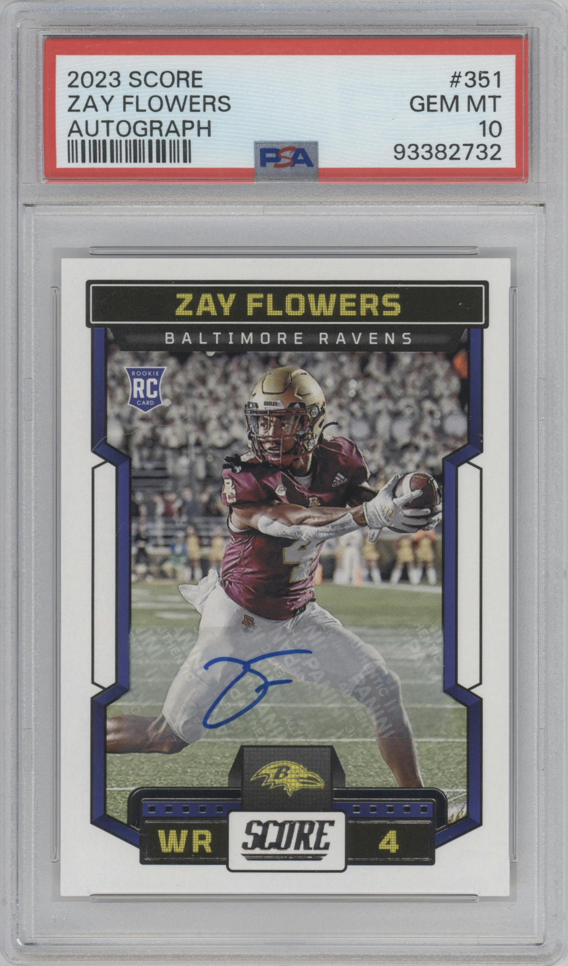Zay Flowers from the 2023 Panini Score set graded by PSA and given an overall grade of 10.