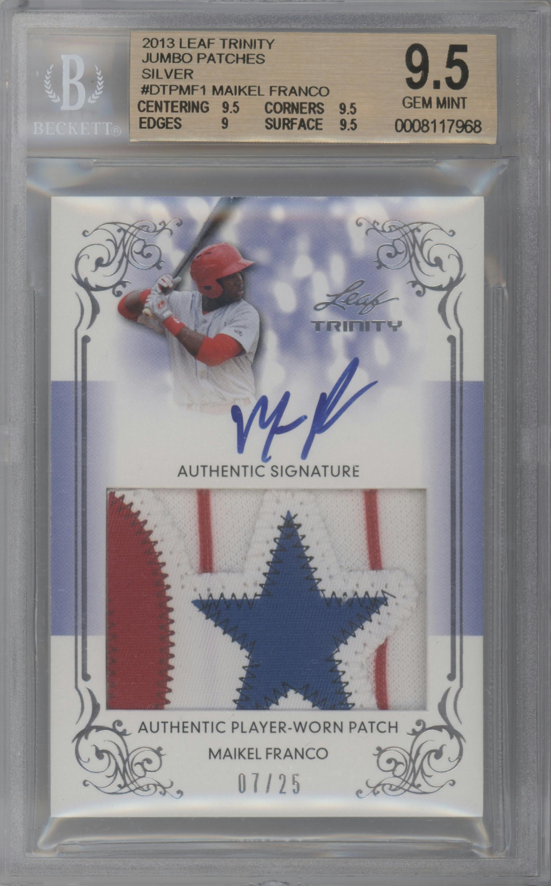 Maikel Franco from the 2013 Leaf Trinity set featuring a Silver parallel graded by Beckett and given an overall grade of 9.5.