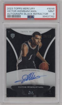 Victor Wembanyama from the 2023-24 Topps Mercury set featuring a Black Refractor parallel graded by PSA and given an overall grade of 9.