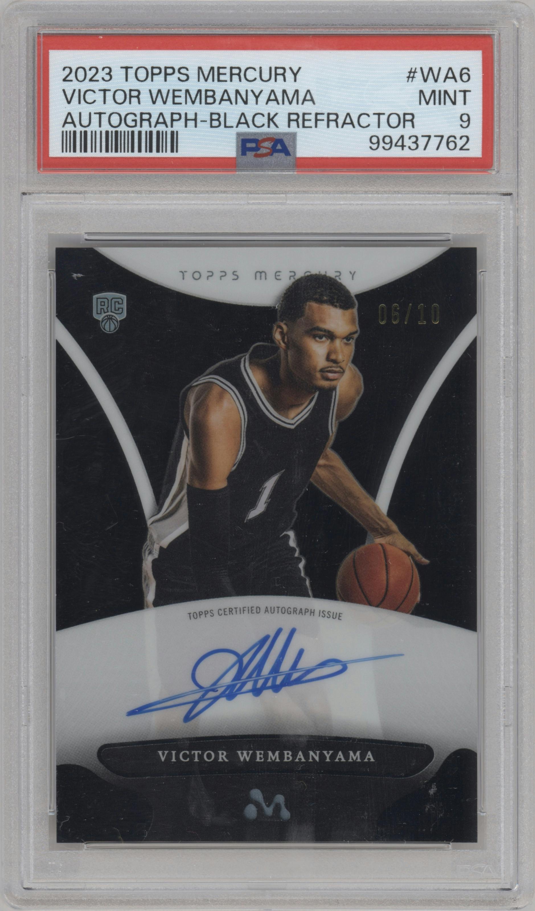 Victor Wembanyama from the 2023-24 Topps Mercury set featuring a Black Refractor parallel graded by PSA and given an overall grade of 9.
