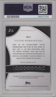 Victor Wembanyama from the 2023-24 Topps Mercury set featuring a Black Refractor parallel graded by PSA and given an overall grade of 9.