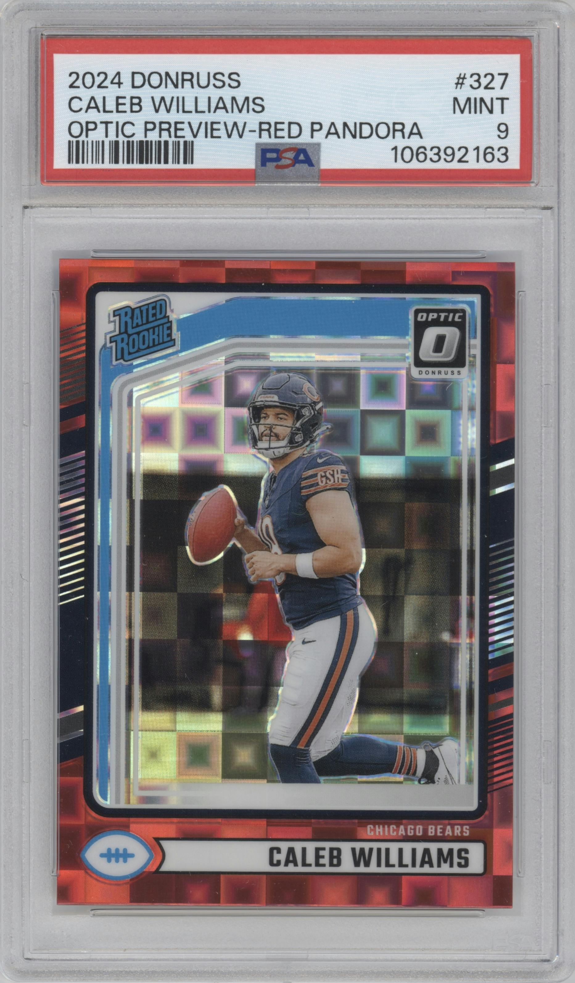 Caleb Williams from the 2024 Donruss set featuring a Red Pandora parallel graded by PSA and given an overall grade of 9.