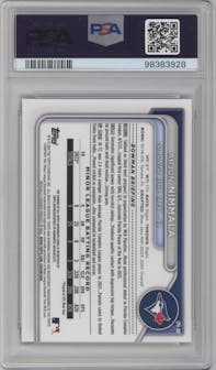 Arjun Nimmala from the 2024 Bowman set featuring a Green Shimmer Refractor parallel graded by PSA and given an overall grade of 9.