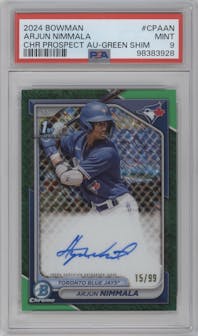 Arjun Nimmala from the 2024 Bowman set featuring a Green Shimmer Refractor parallel graded by PSA and given an overall grade of 9.