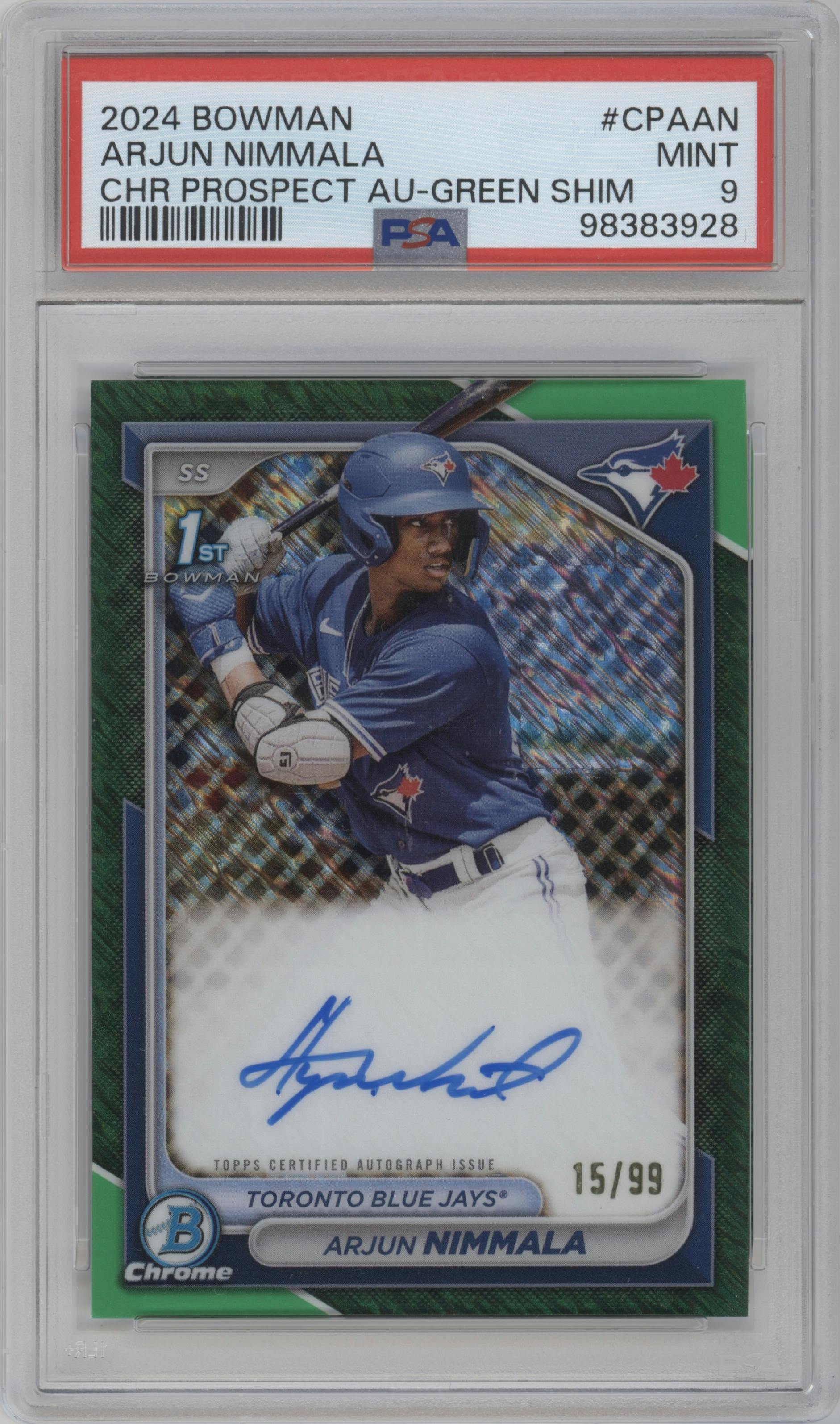 Arjun Nimmala from the 2024 Bowman set featuring a Green Shimmer Refractor parallel graded by PSA and given an overall grade of 9.