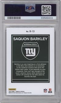 Saquon Barkley from the 2023 Panini Donruss set graded by PSA and given an overall grade of 10.