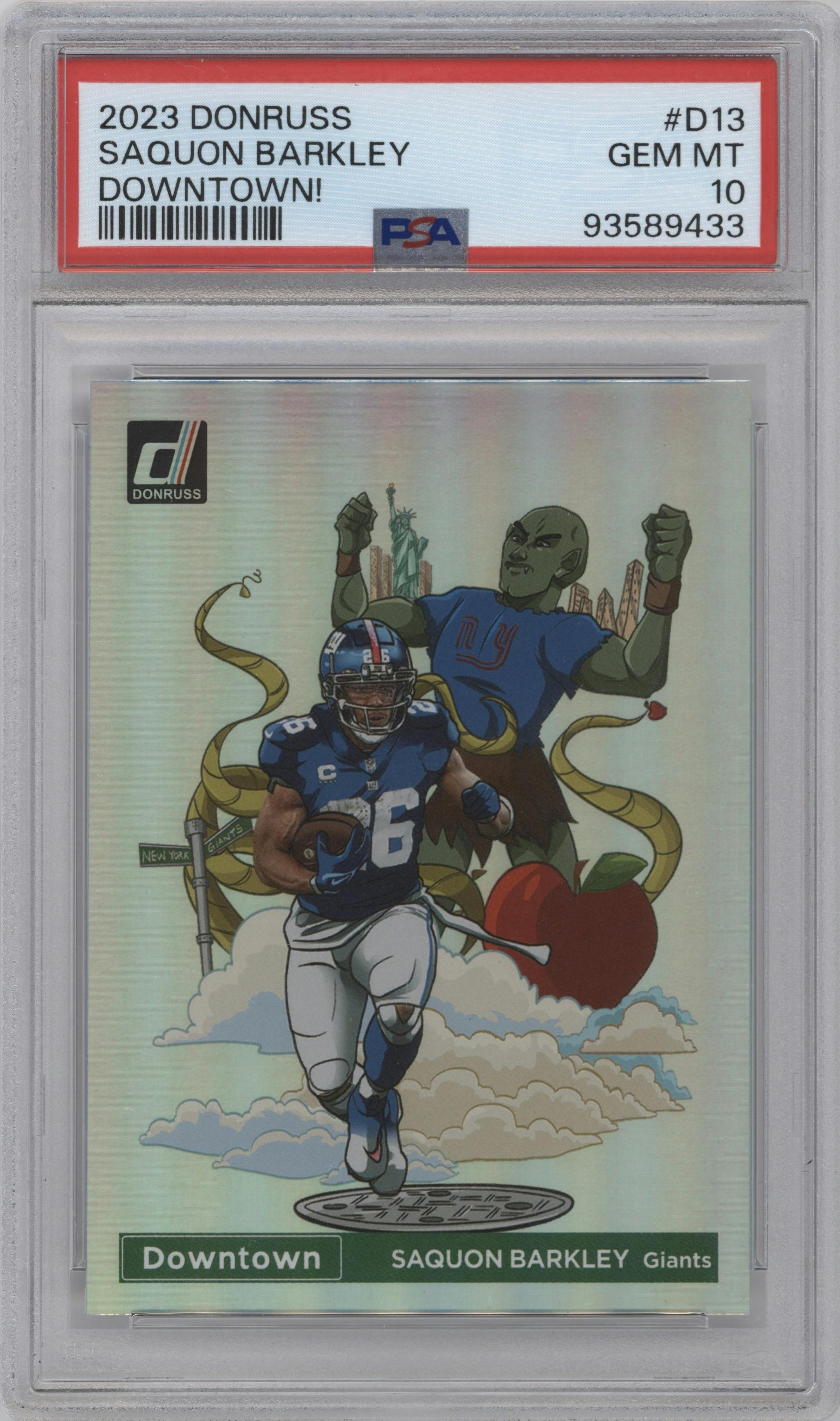 Saquon Barkley from the 2023 Panini Donruss set graded by PSA and given an overall grade of 10.