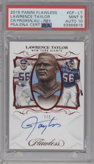 Lawrence Taylor from the 2019 Panini Flawless set featuring a Ruby parallel graded by PSA and given an overall grade of 9.