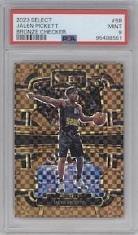 Jalen Pickett from the 2023-24 Panini Select  set featuring a Bronze Checker Prizm parallel graded by PSA and given an overall grade of 9.