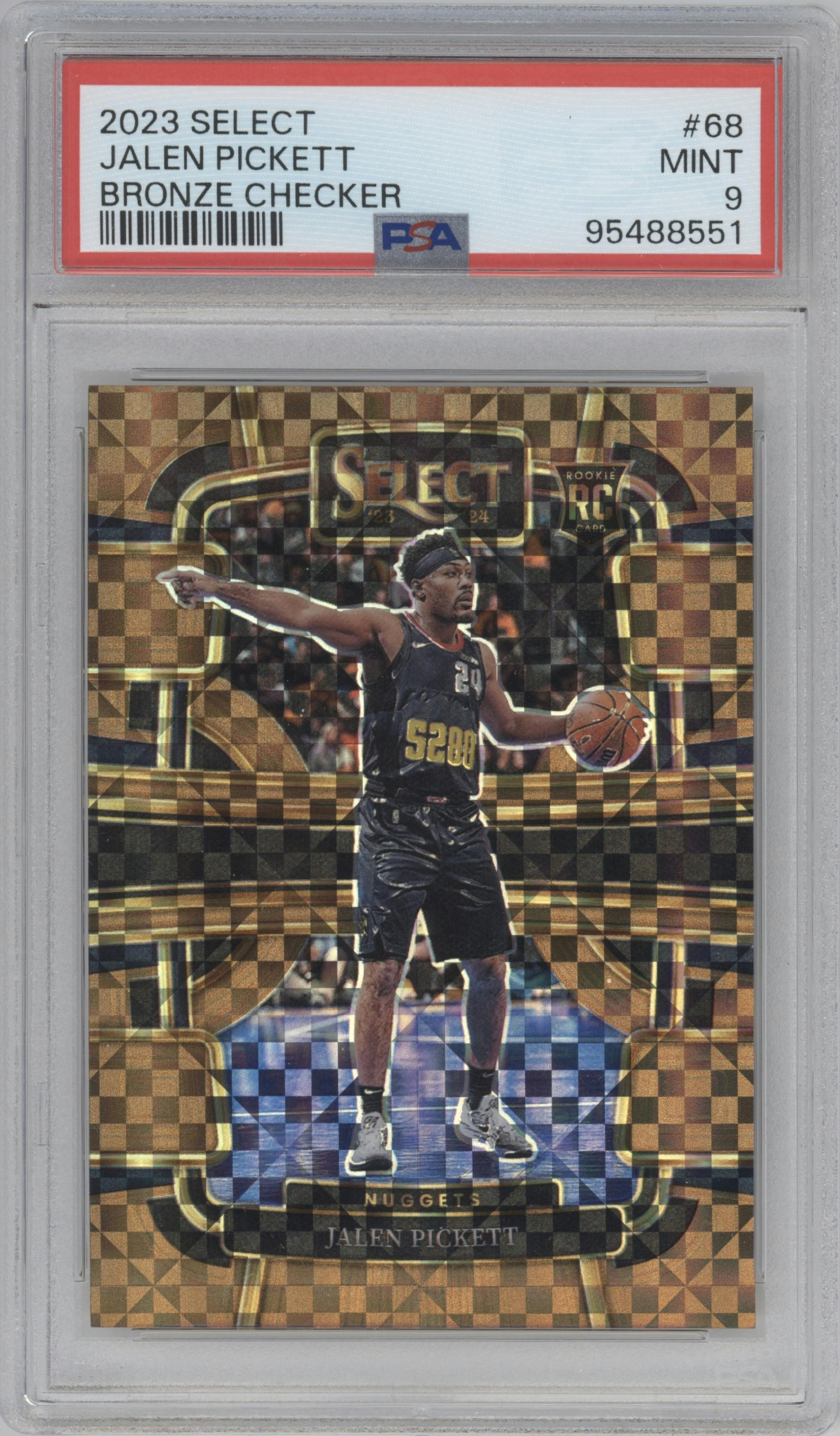 Jalen Pickett from the 2023-24 Panini Select  set featuring a Bronze Checker Prizm parallel graded by PSA and given an overall grade of 9.