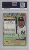 Jasson Dominguez from the 2024 Topps Chrome set featuring a Green Refractor parallel graded by PSA and given an overall grade of 9.