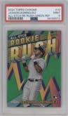 Jasson Dominguez from the 2024 Topps Chrome set featuring a Green Refractor parallel graded by PSA and given an overall grade of 9.