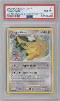 Dragonite from the 2008 Pokemon D&P set featuring a National Championships parallel graded by PSA and given an overall grade of 8.