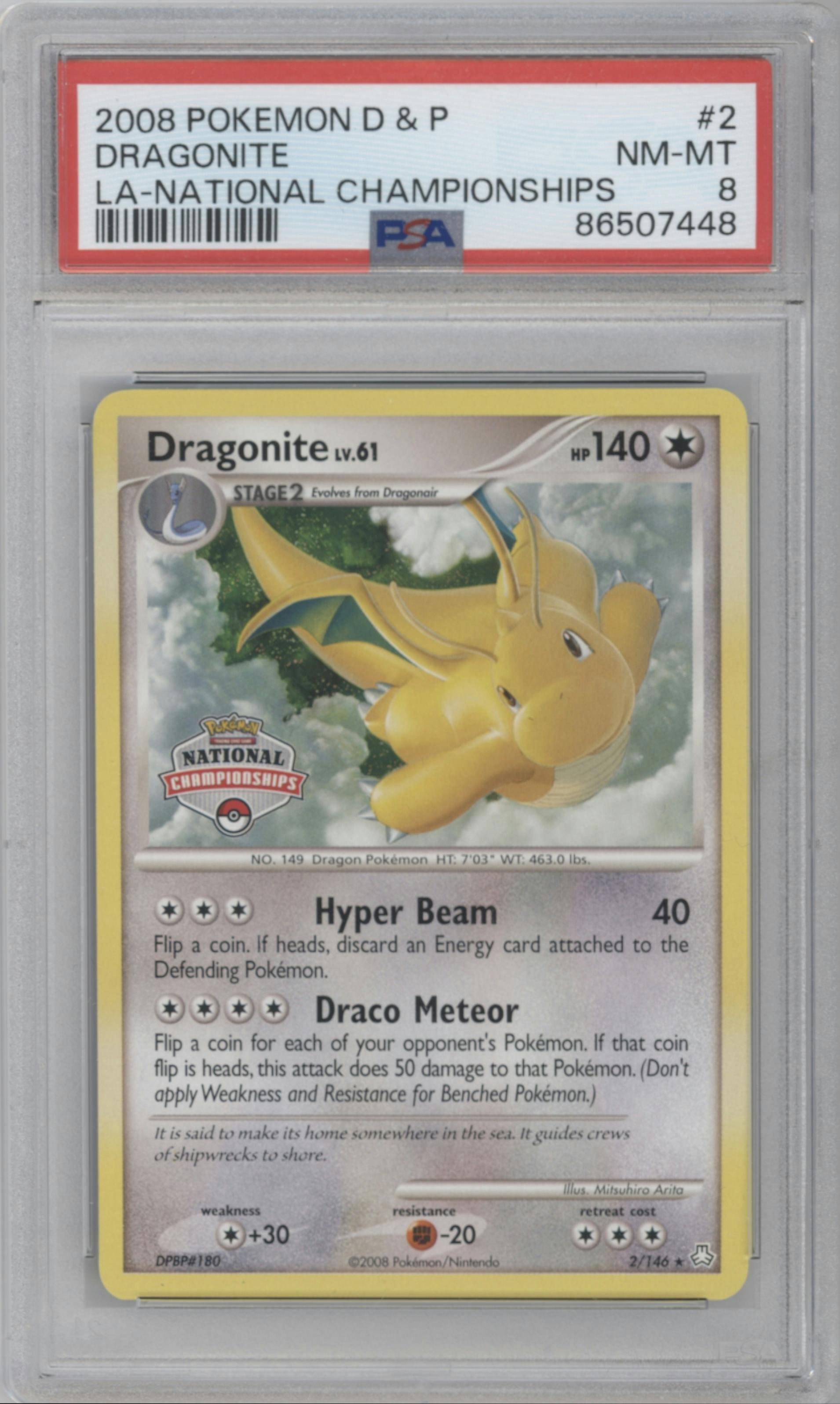 Dragonite from the 2008 Pokemon D&P set featuring a National Championships parallel graded by PSA and given an overall grade of 8.