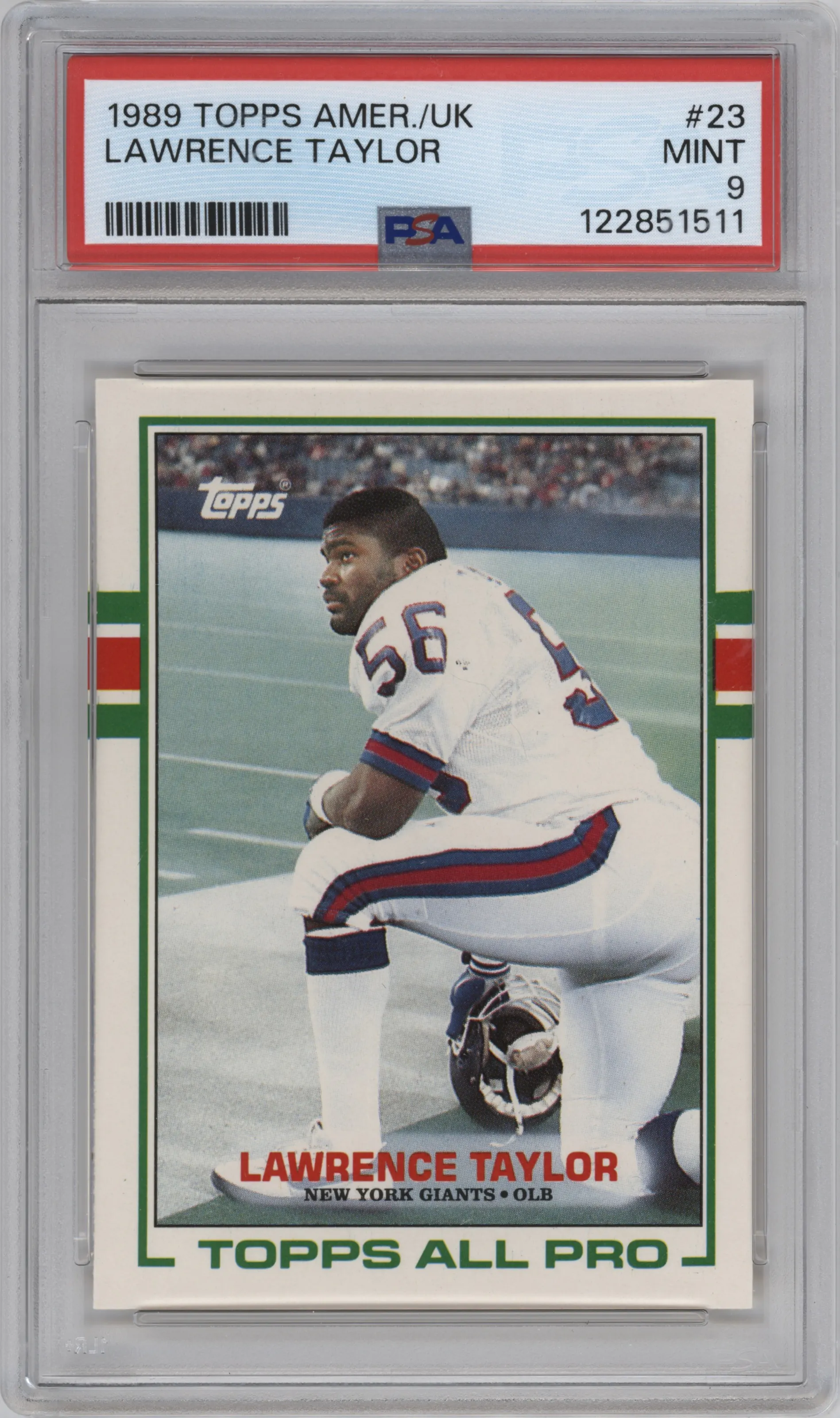 Lawrence Taylor from the 1989 Topps American/UK set graded by PSA and given an overall grade of 9.